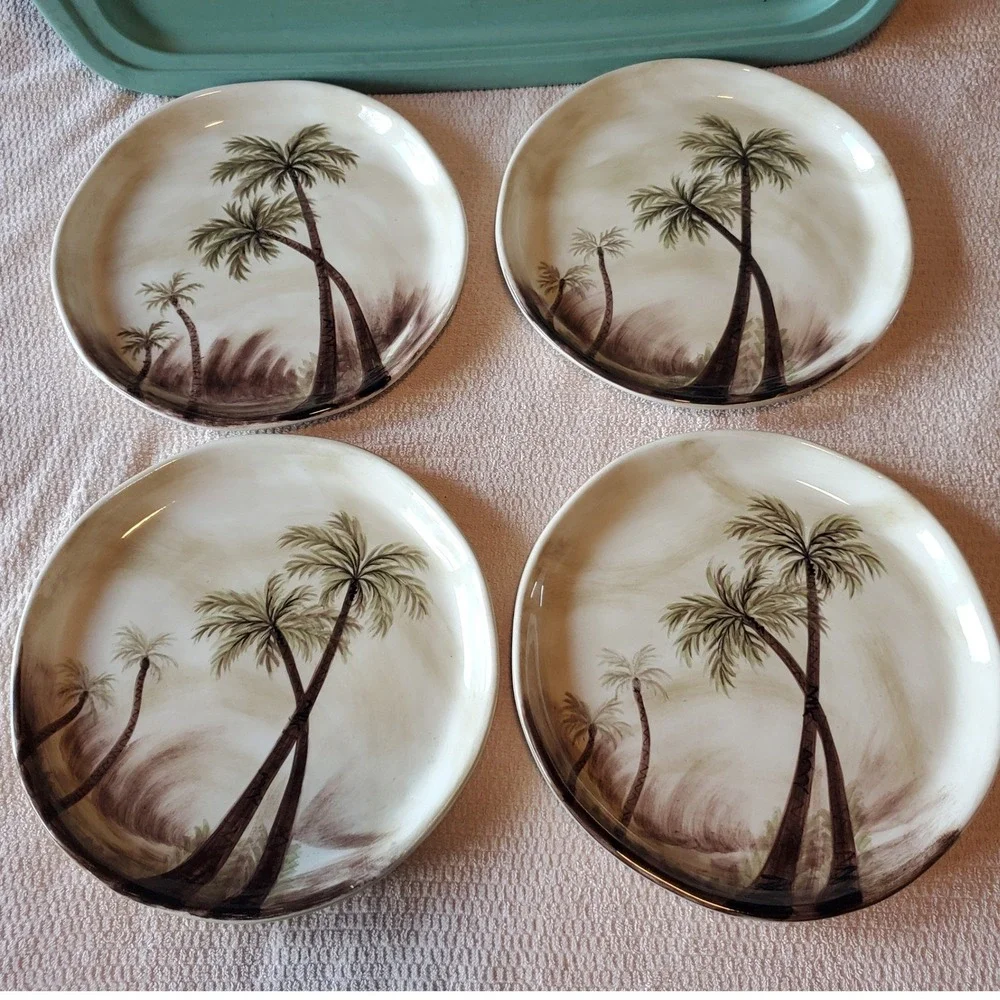 Tabletops Unlimited Bahamas Hand Painted Palm Tree Dinner Plates Set of 4 11in